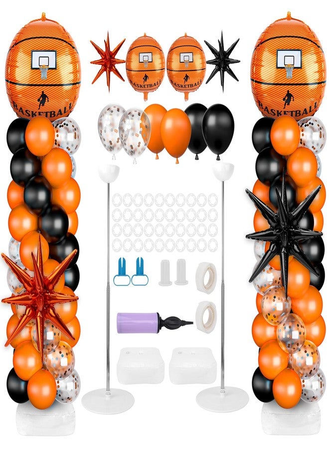 PLUVAVA 2 Sets Basketball Balloon Column Stand Kit Balloon Arch with Adjustable Stands Tower Kit 100 Latex Balloons Star Foil Balloons for Basketball Birthday Party Decorations - Image 1